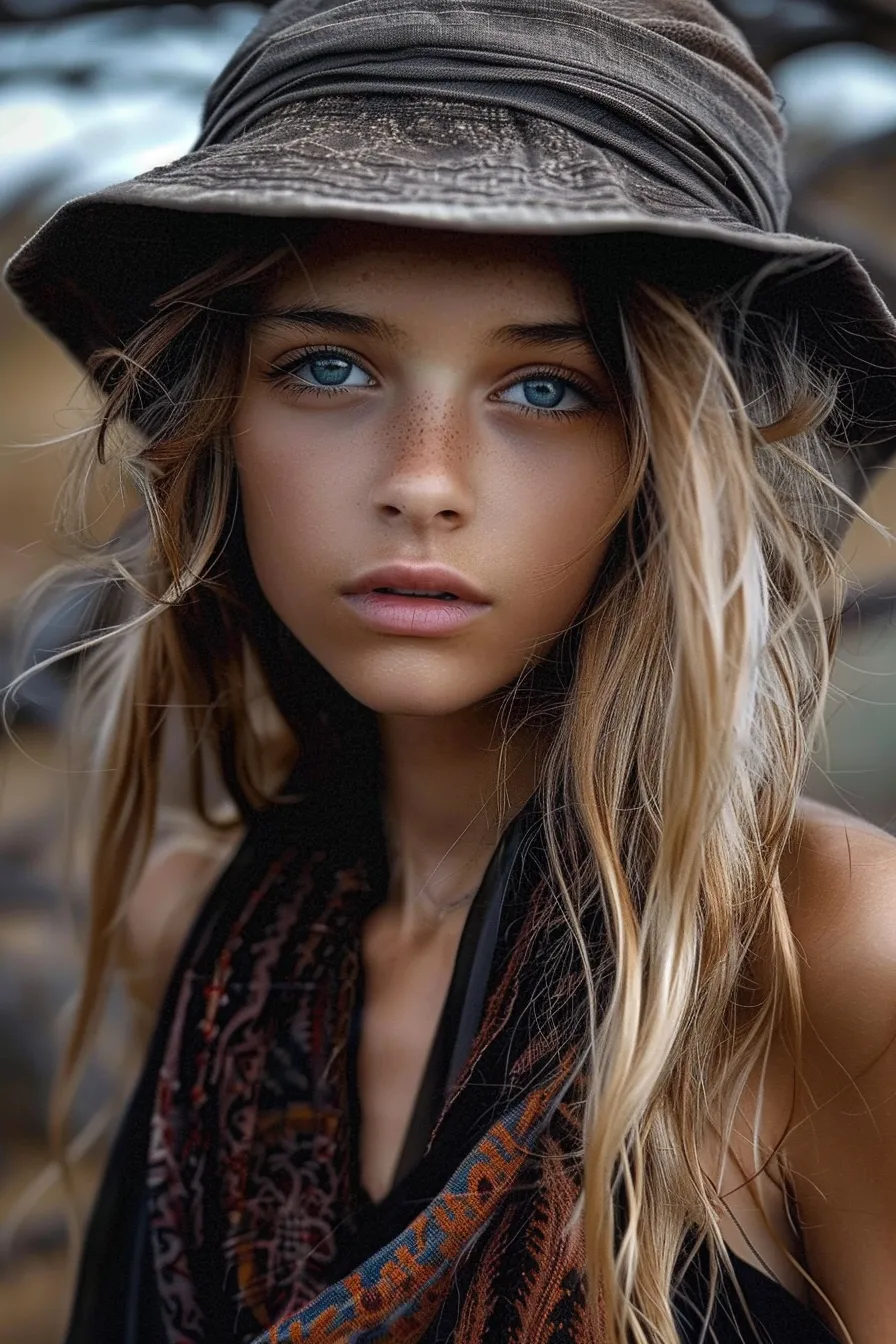 Close-up of a girl's face with long hair and a stylish hat
