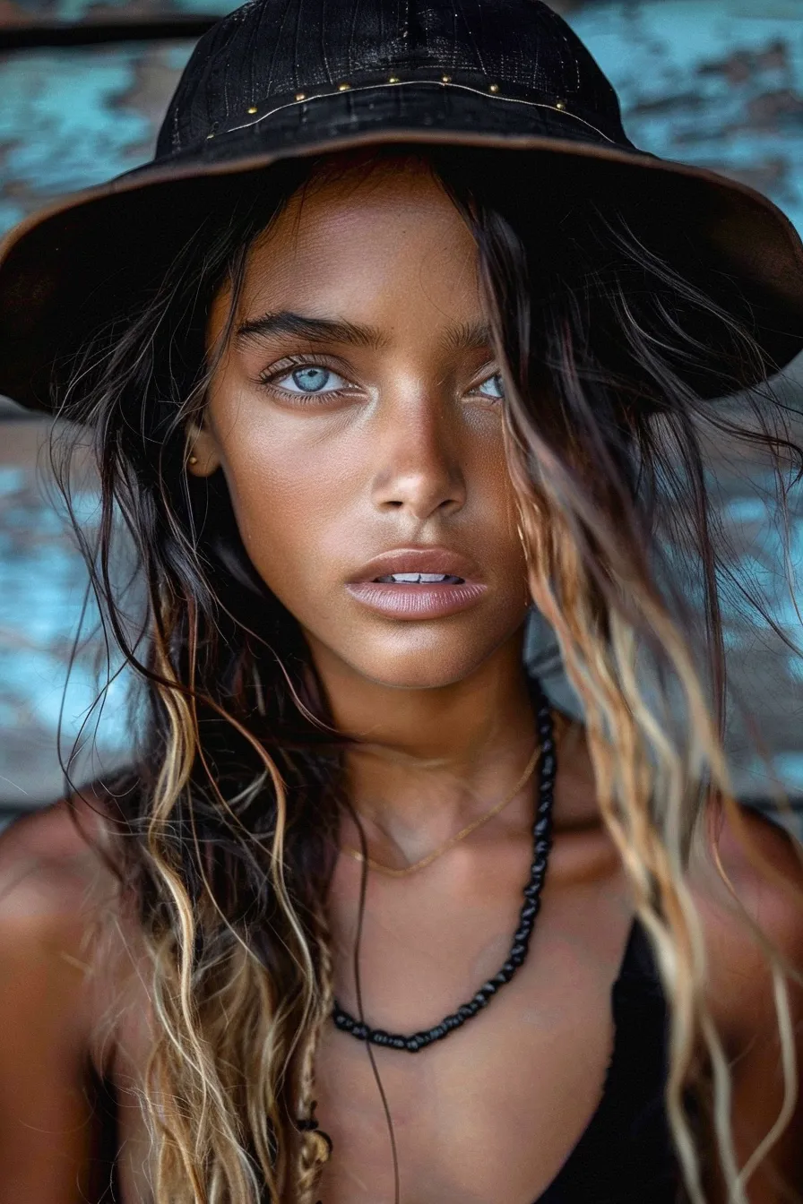 Photo of a Young Girl with Long Hair and Blue Eyes in a Hat