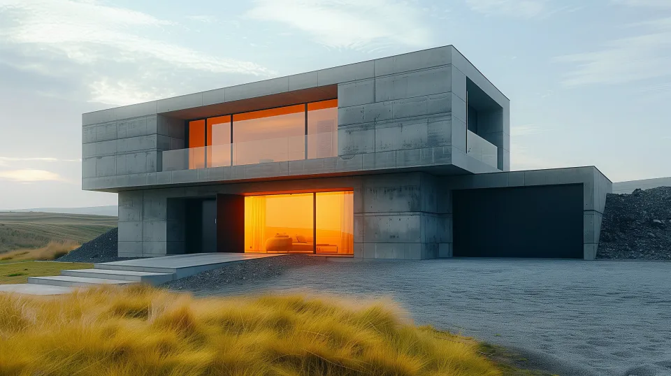 Architectural project of a modern house with orange windows and concrete walls