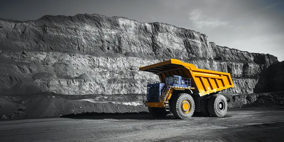 Large truck in a quarry against a rocky surface