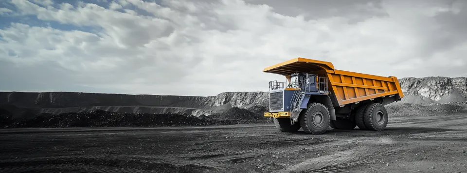 Large quarry dump truck against a gray sky and mountains