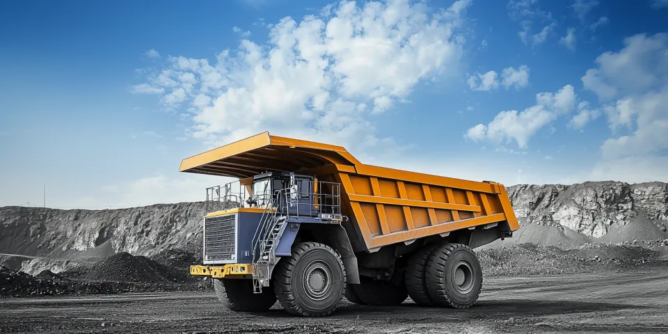 Large mining dump truck standing on the quarry site under the blue sky