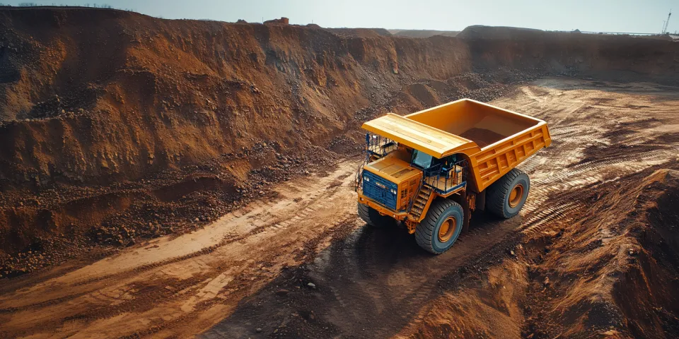 Large yellow truck working in a quarry for transporting clay