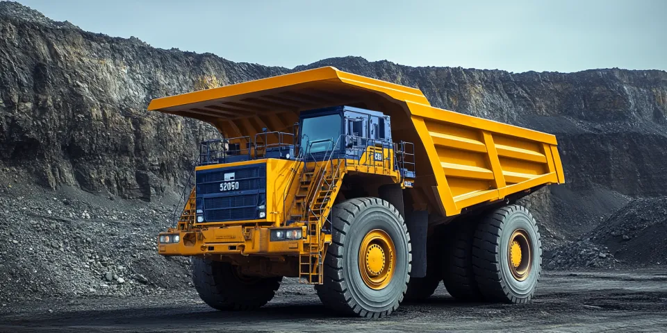 Gran camión de minería amarillo de pie frente al paisaje de la cantera