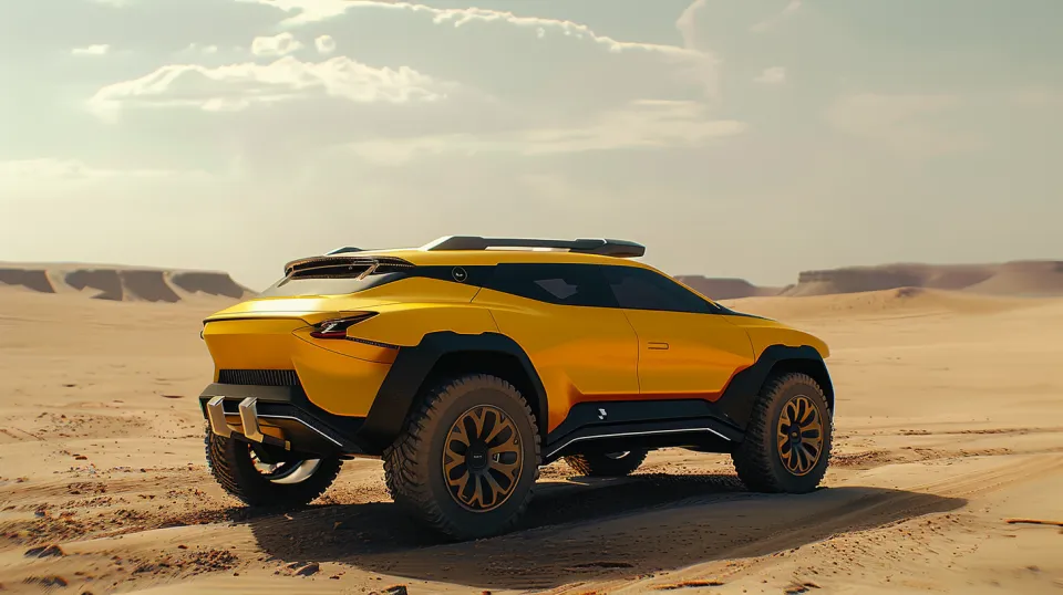 Bright yellow SUV among the sand dunes in the desert
