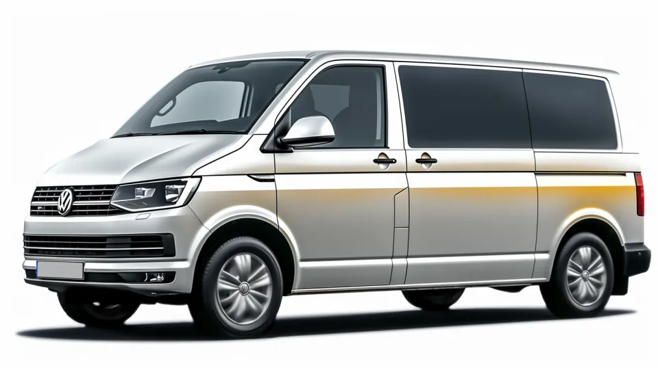 Photo of a silver Volkswagen minivan with large windows and comfortable seats