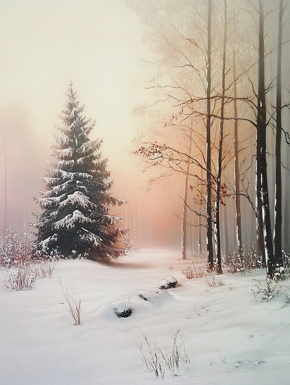Pino en un bosque nevado con un atardecer brumoso de fondo