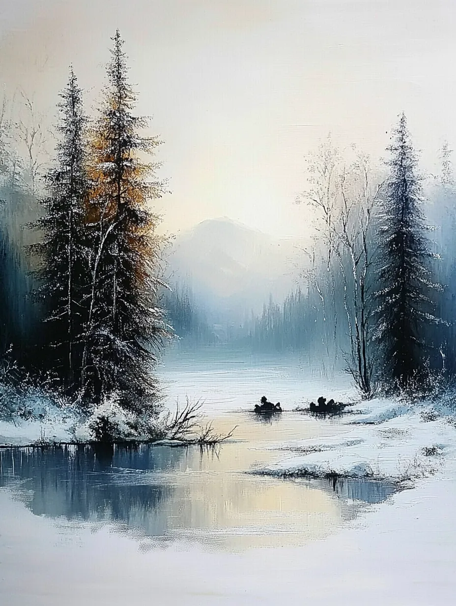 Fascinante paisaje invernal con río y descanso en botes