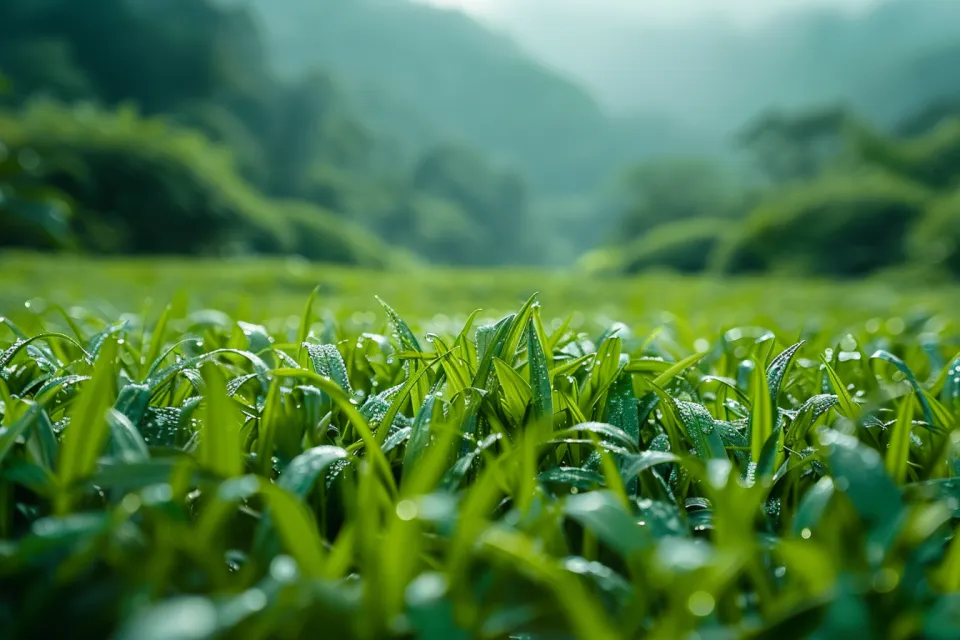 Grass with dew drops against a hilly landscape and forest