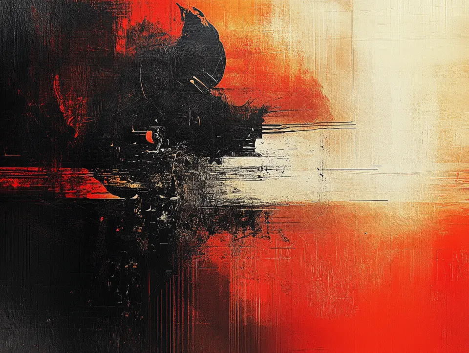 Abstract art with red and black colors on a light-toned background