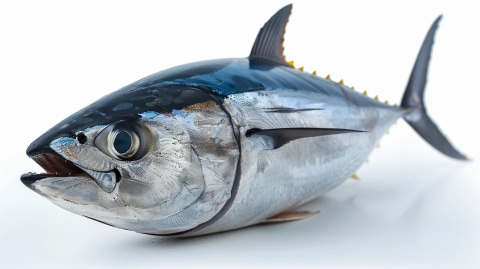 Tuna on a white background, large and shiny, with realistic texture