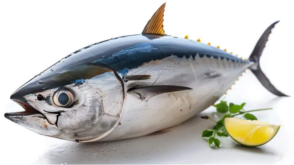 Tuna on a white background next to a lemon and a sprig of greens