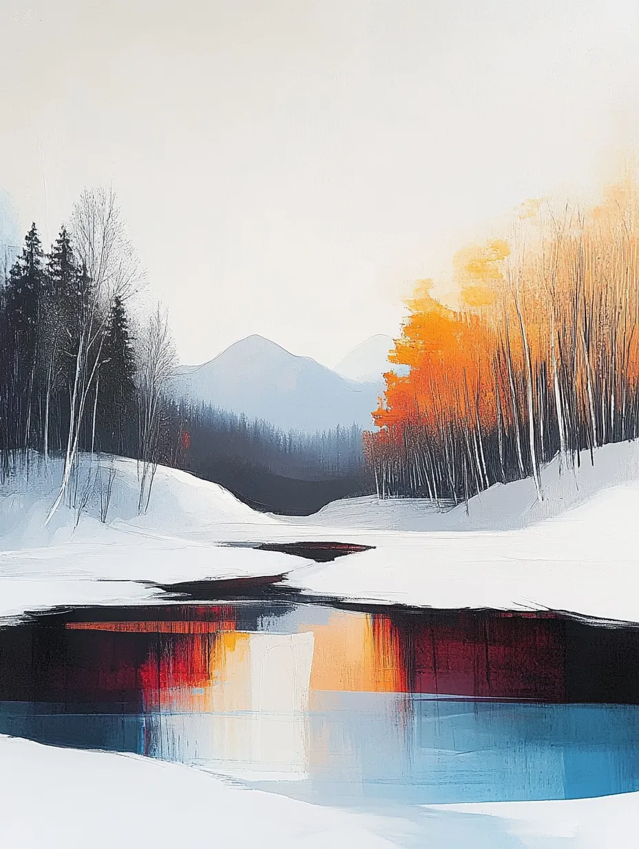 Idyllic winter landscape with a river and contrasting trees