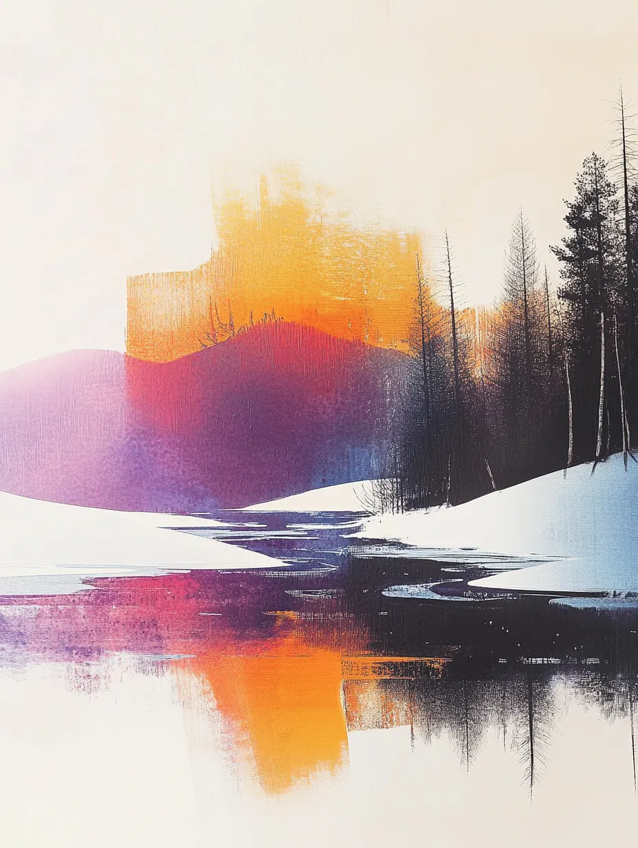 Abstract landscape with mountains and river against the backdrop of sunset