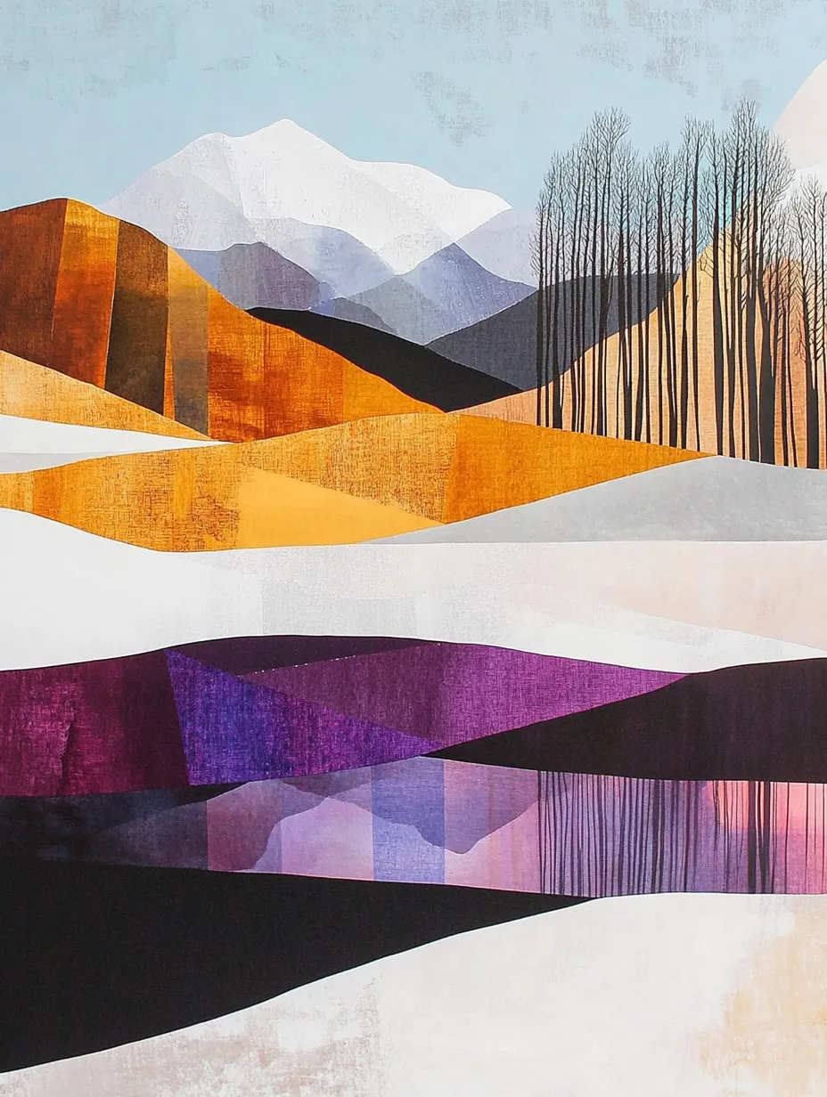 Minimalist Style Mountain Landscape with River and Trees