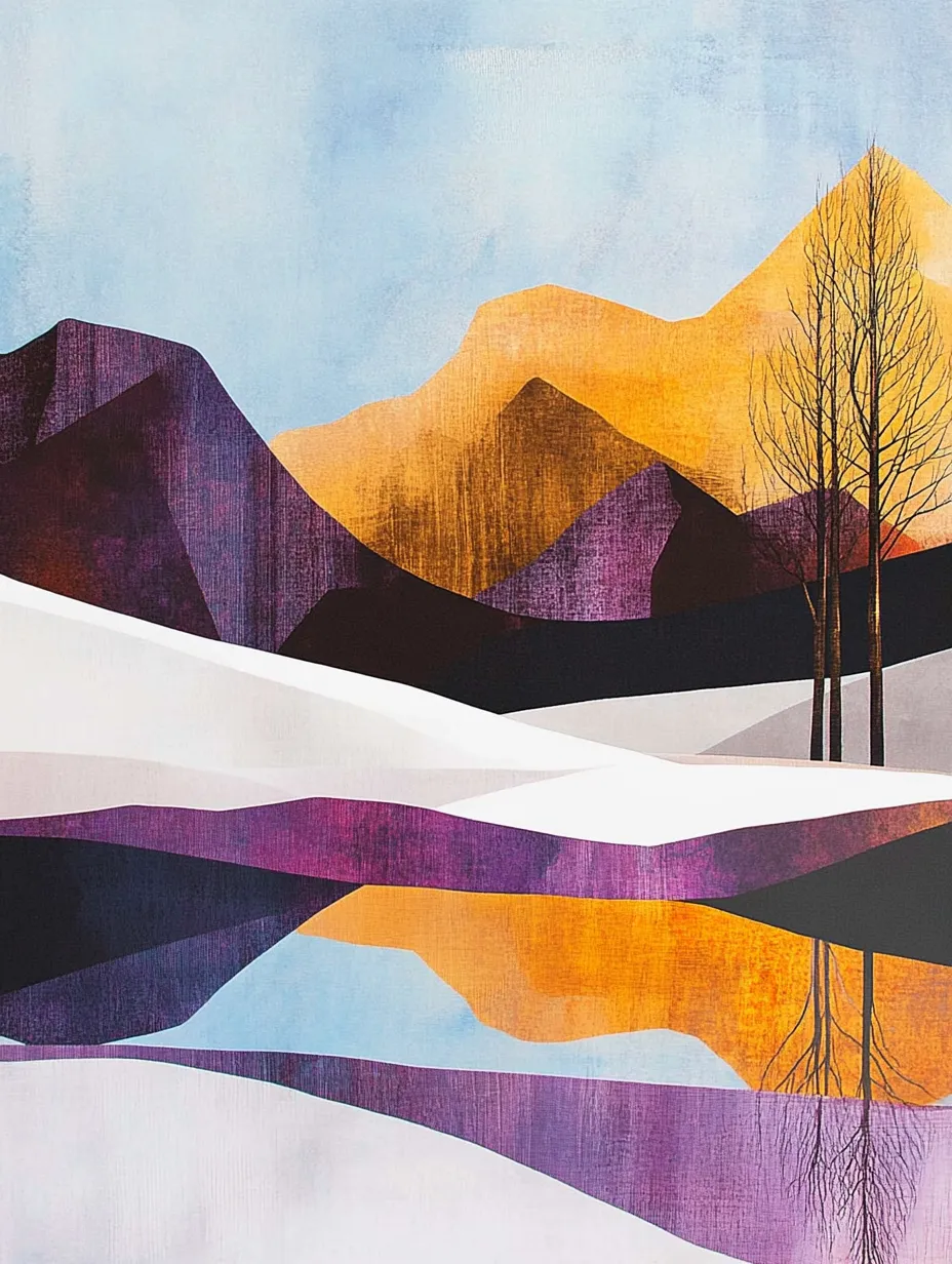 Abstract painting with mountains, water, and winter trees