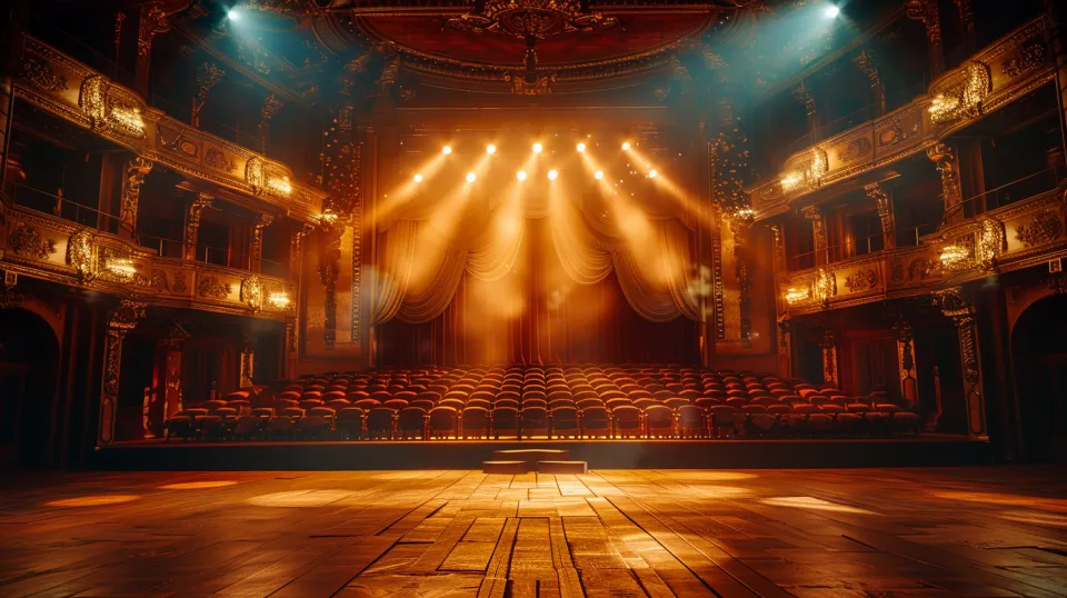 Theatre stage with golden details and bright spotlights
