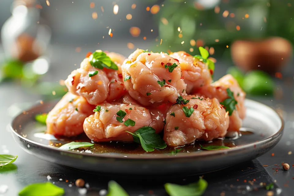 Combination of fresh meat with greenery on a plate in culinary styling