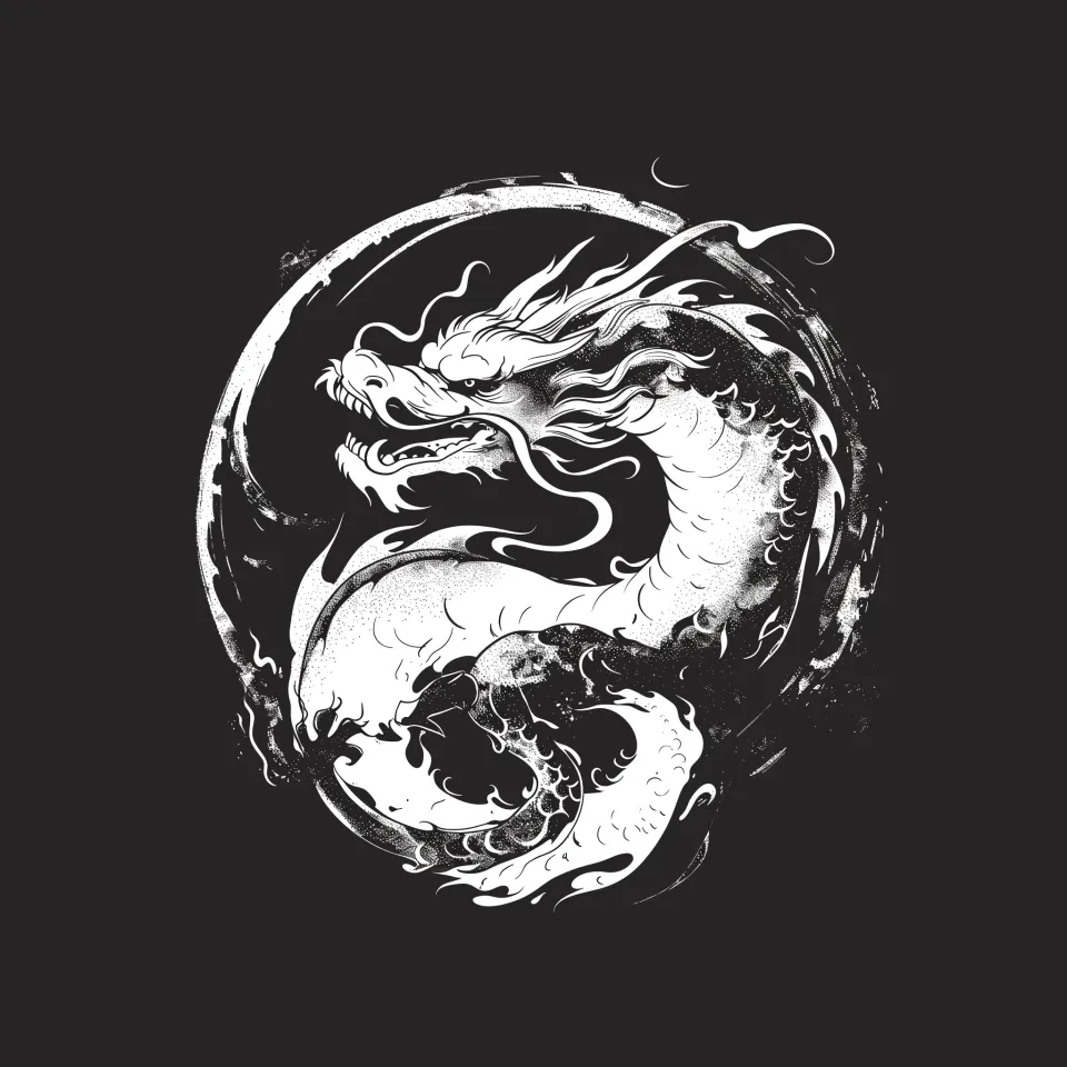Black and white illustration of a dragon in a circle on a black background