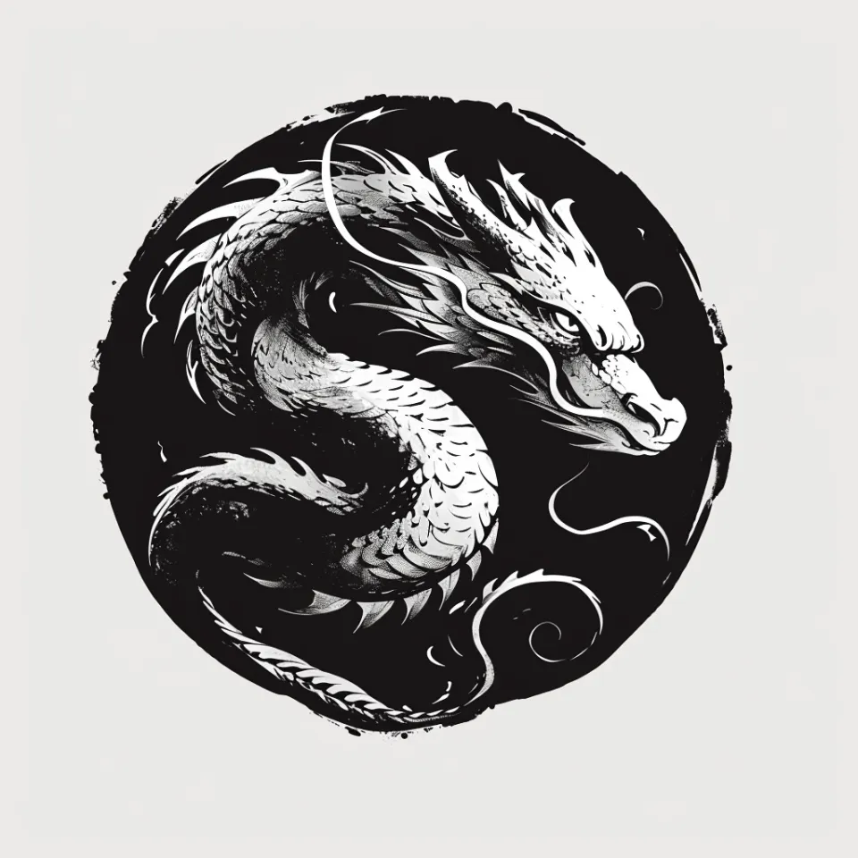 Elegant image of a dragon in a black and white palette within a round outline