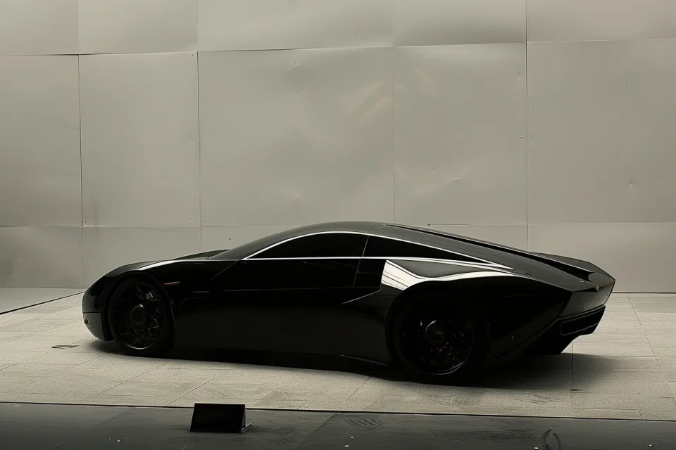 Elegant black concept car with an aerodynamic silhouette against a neutral wall
