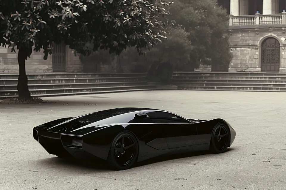 Modern black sports car with sleek lines in front of a building and trees