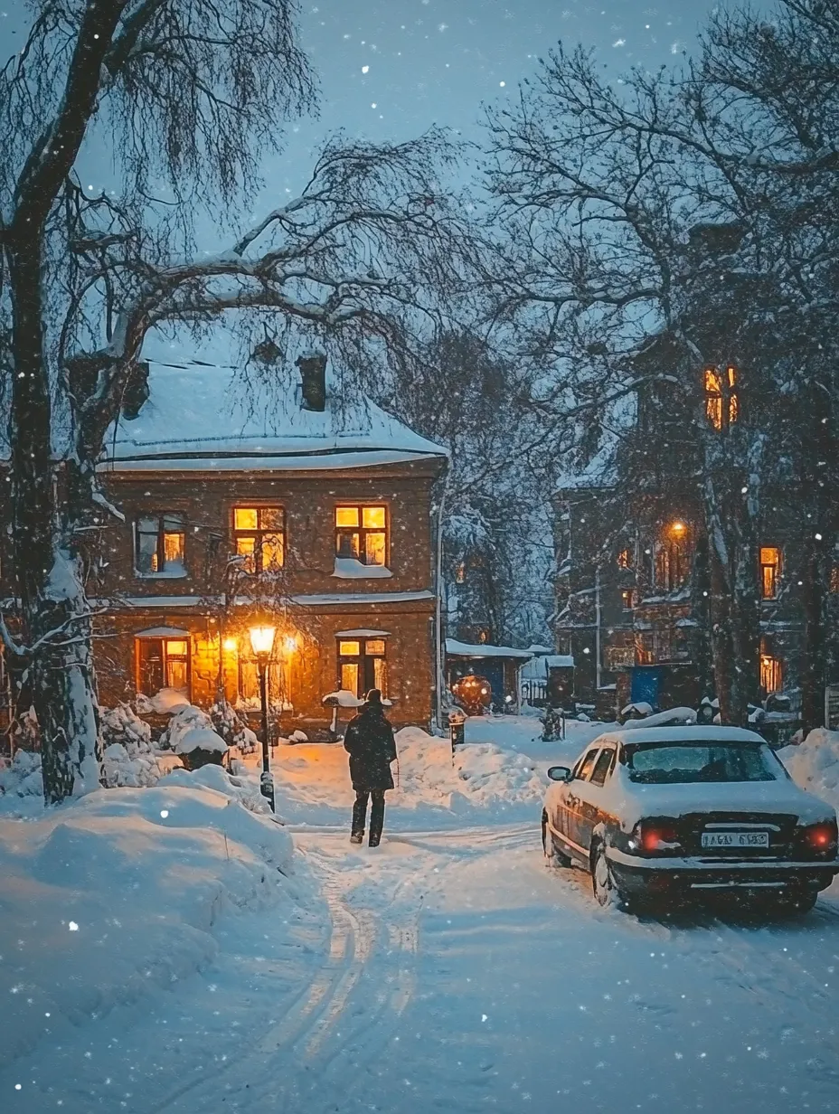 Snowy cityscape with houses and a solitary figure