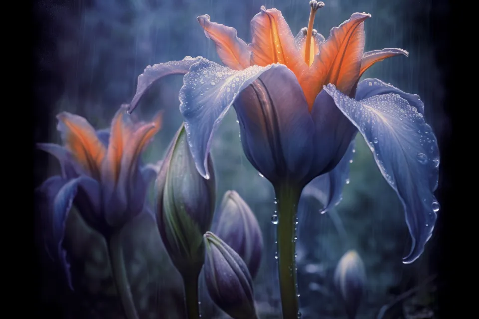 Clustered flowers with water droplets against a backdrop of dawning light