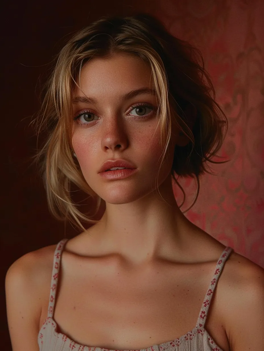 Close-up of a young woman's face with soft lighting and delicate features