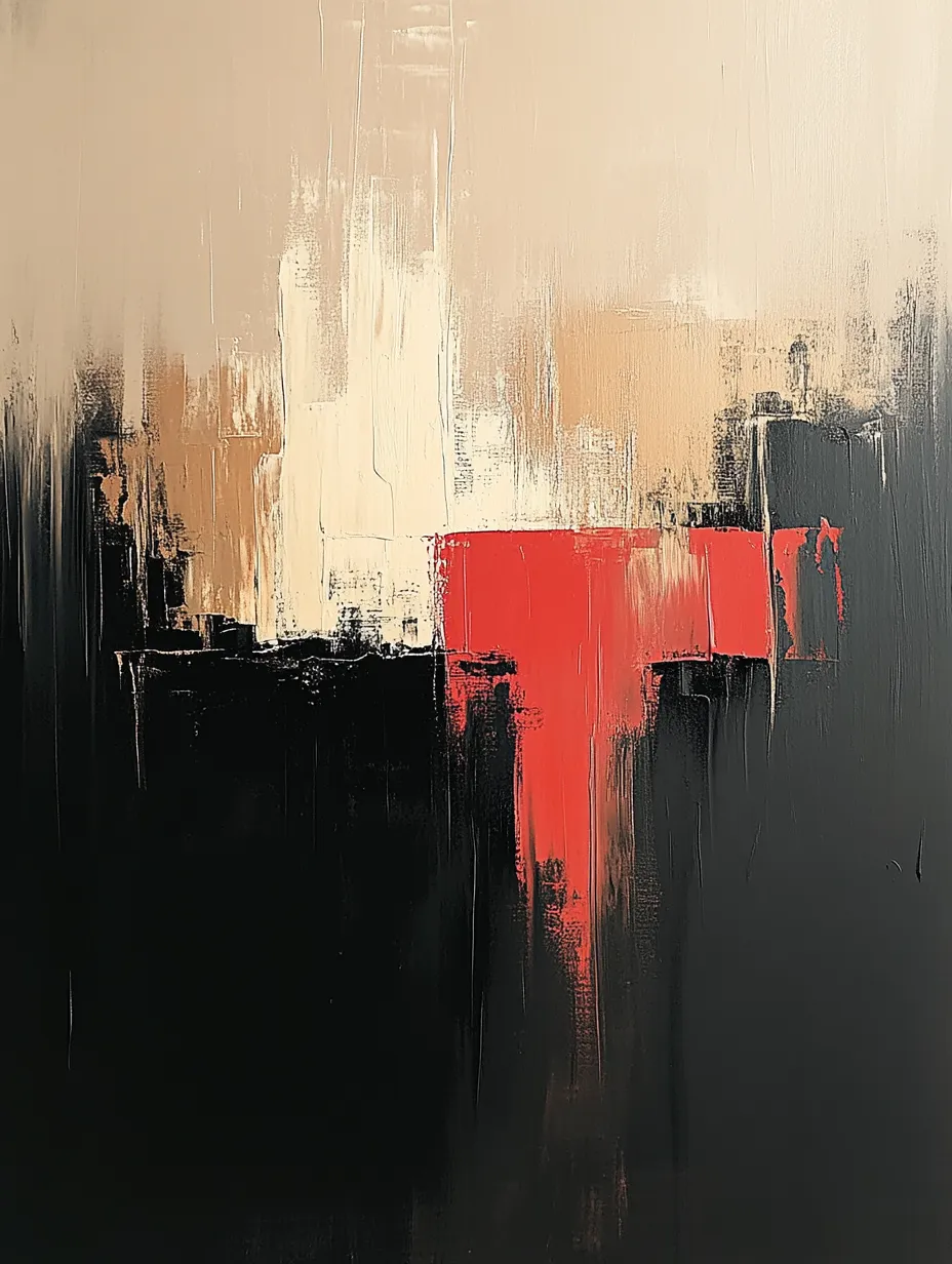 Obra de arte abstracta con tonos rojos, negros y beige