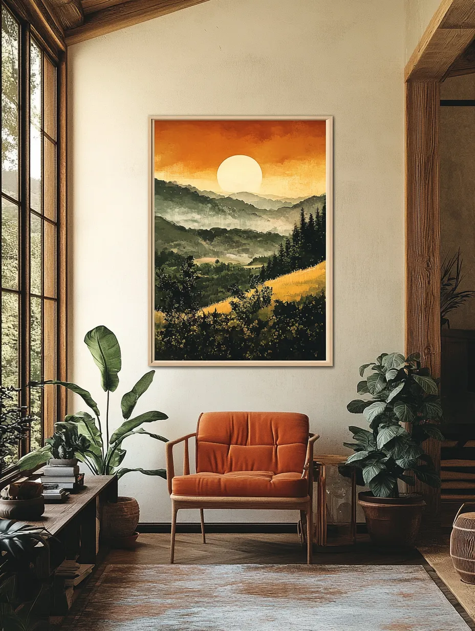 Hermoso cuadro del atardecer con montañas en una habitación acogedora.