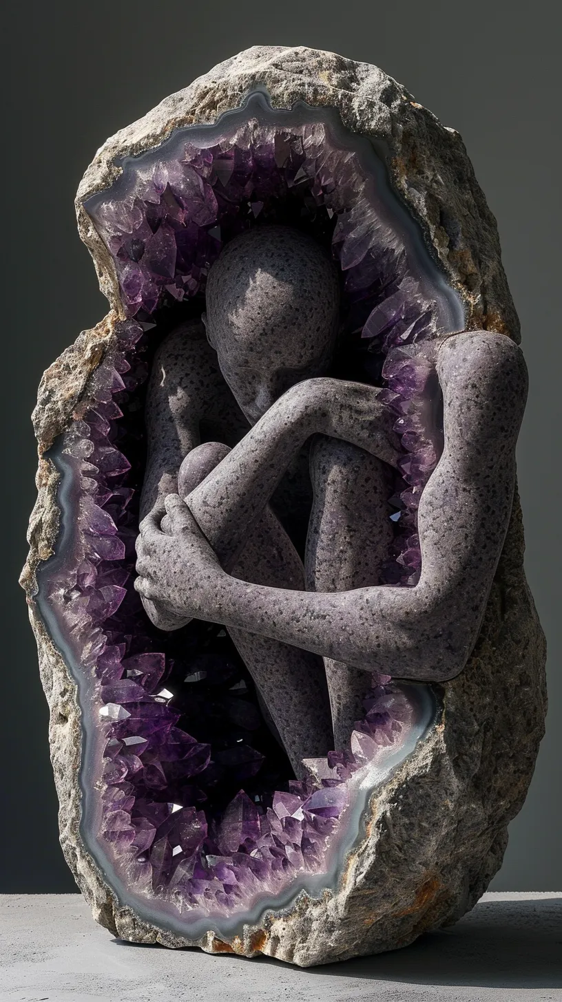 Figure of a person hugging their knees inside agate with purple crystals
