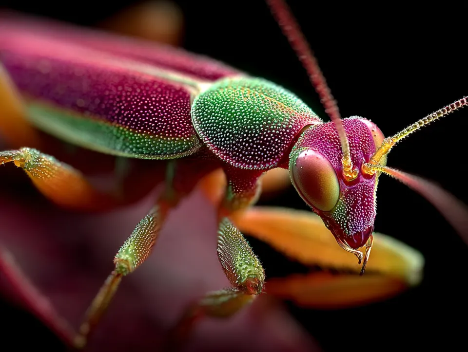 Magnified image of a colorful insect with details