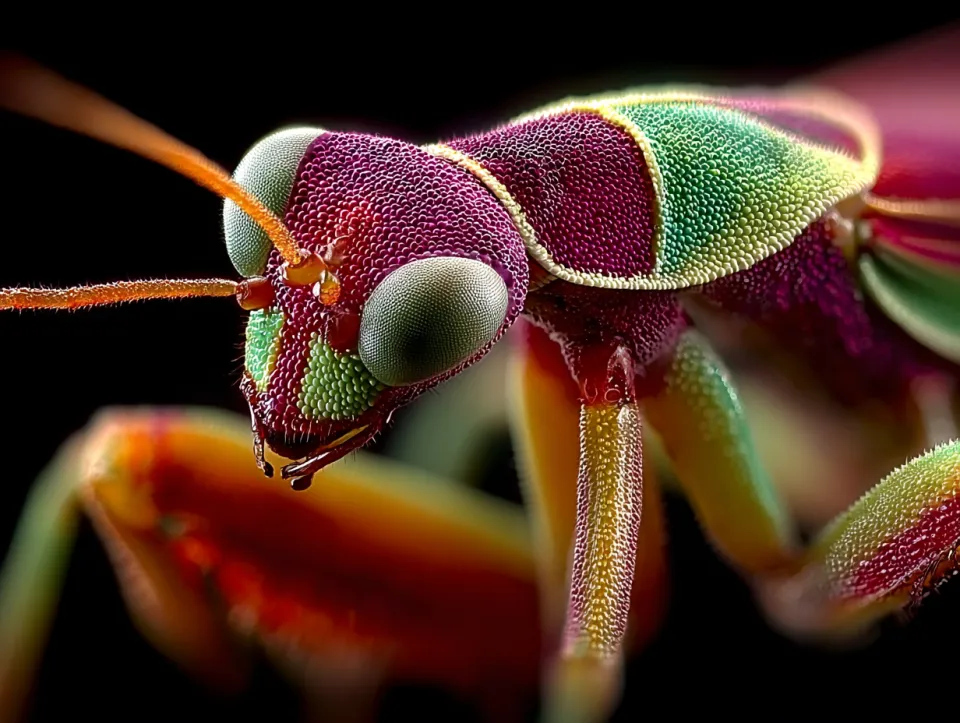 Close-up of a brightly colored insect with detailed textures