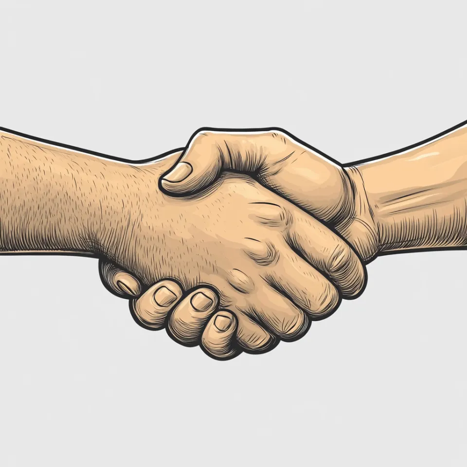 Two people exchanging a handshake on a neutral background
