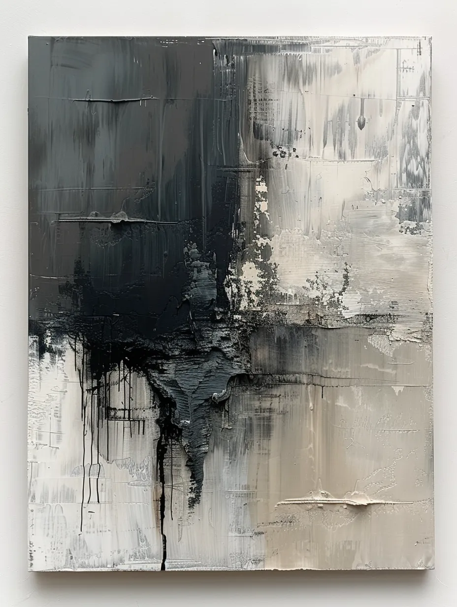 Painting with textured black and white shades and abstract forms