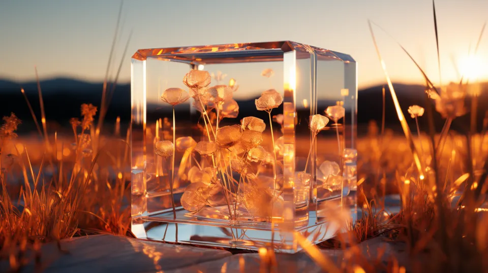 Cubo cristalino que contiene flores texturizadas contra el fondo del atardecer