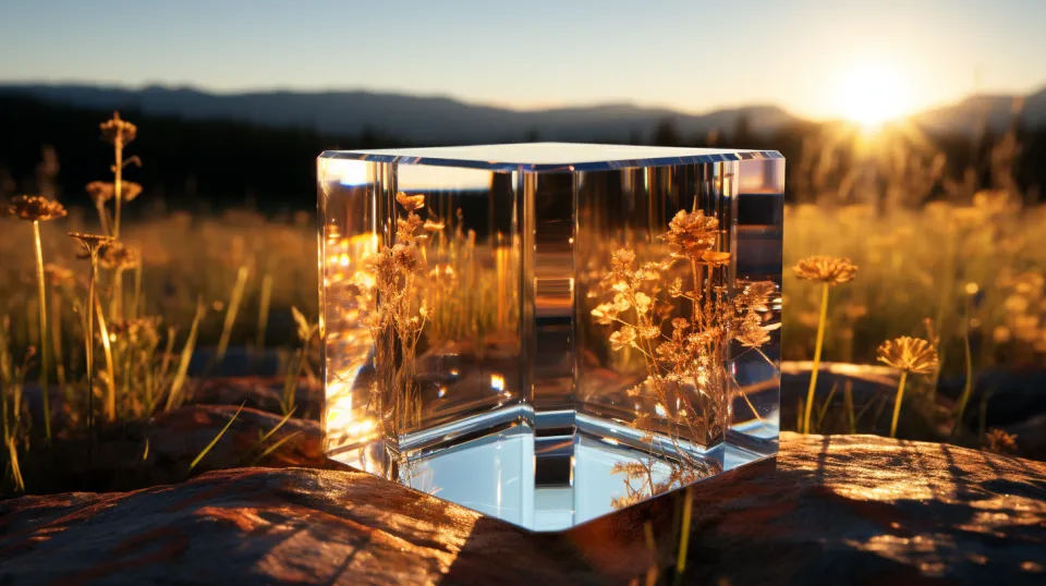 A transparent cube filled with dried flowers against a sunset in a field