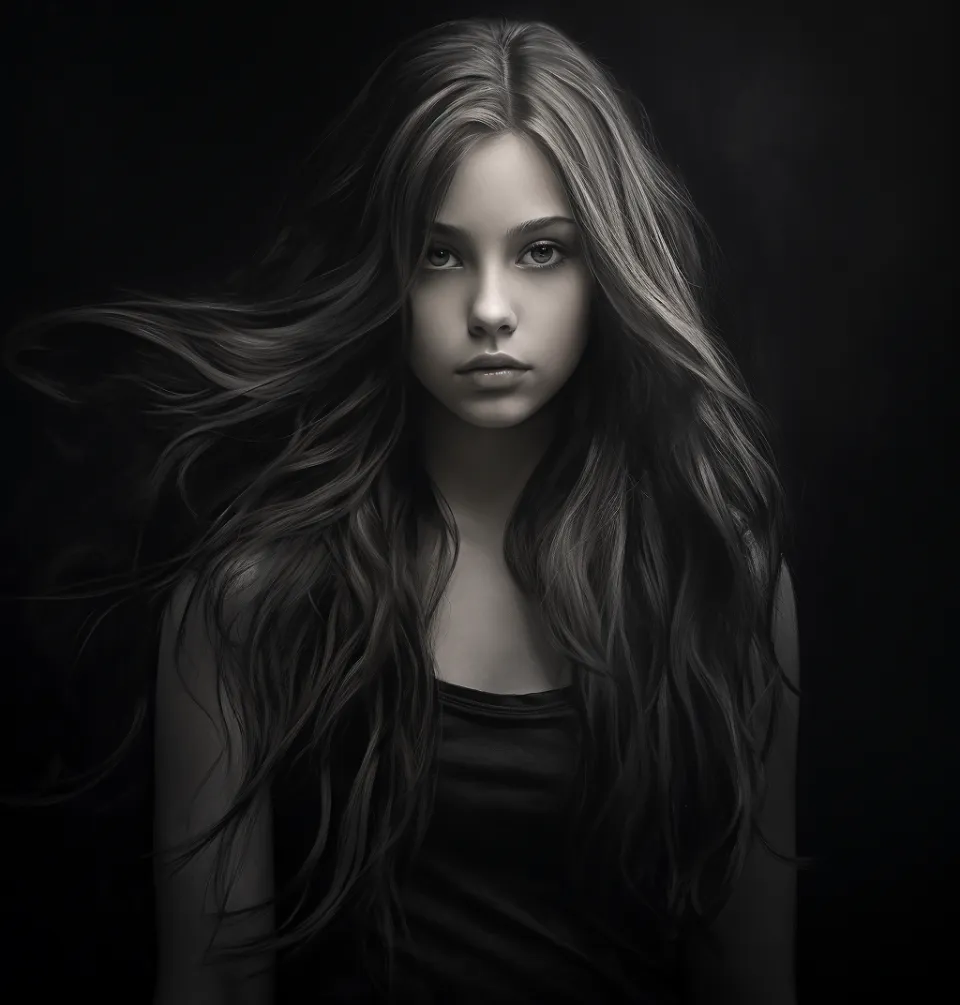 Retrato en blanco y negro de una joven con el cabello suelto