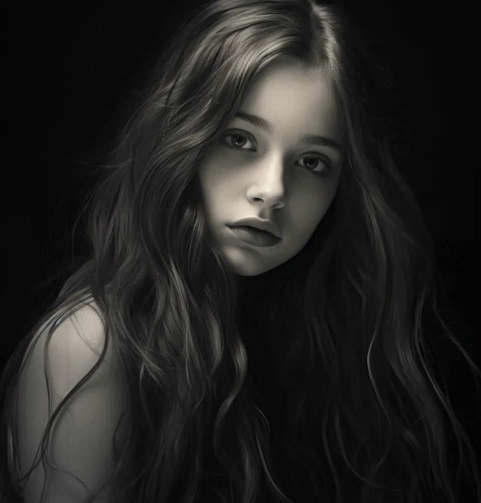 Retrato en blanco y negro de una chica con una mirada expresiva y cabello ondulado