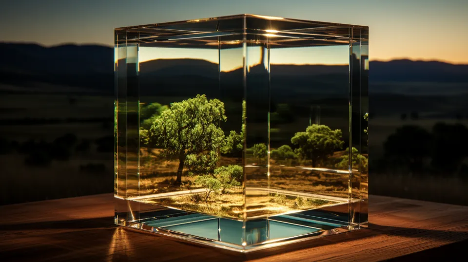 Artificial sculpture in the shape of a cube with an image of a tree inside