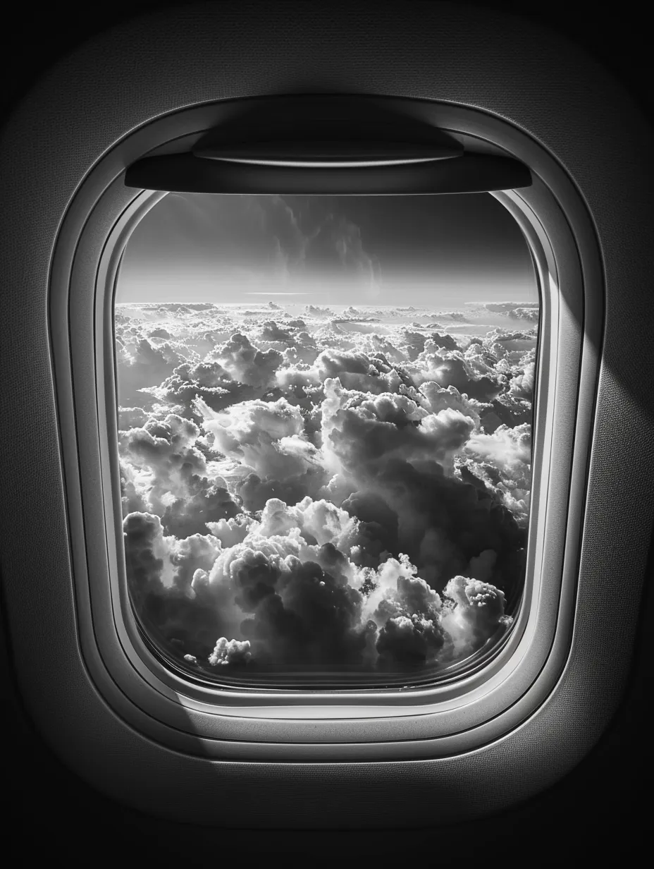 Black and white image of clouds seen from an airplane window