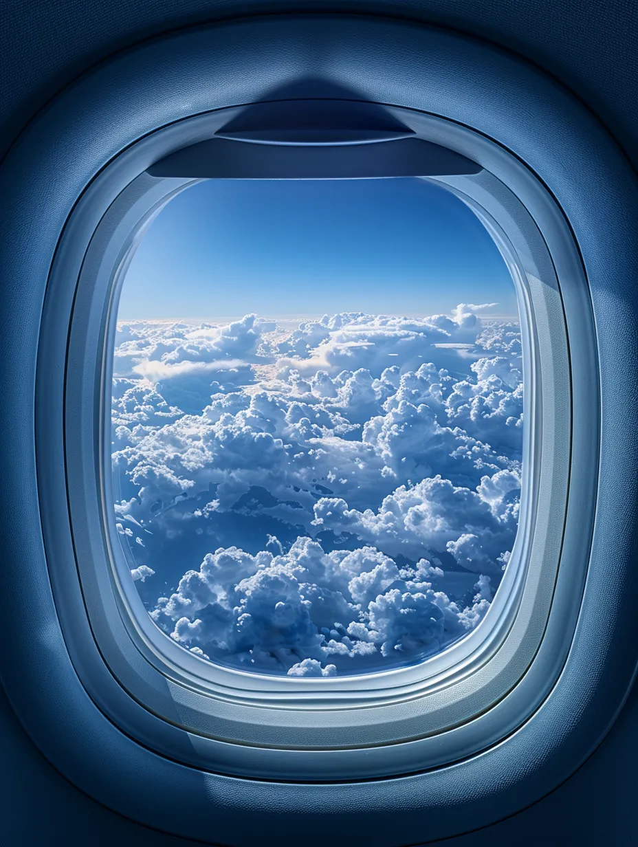 Airplane Window with a View of Clouds and Blue Sky