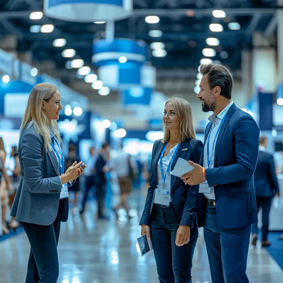 Three people discussing at a trade show, surrounded by other attendees and booths