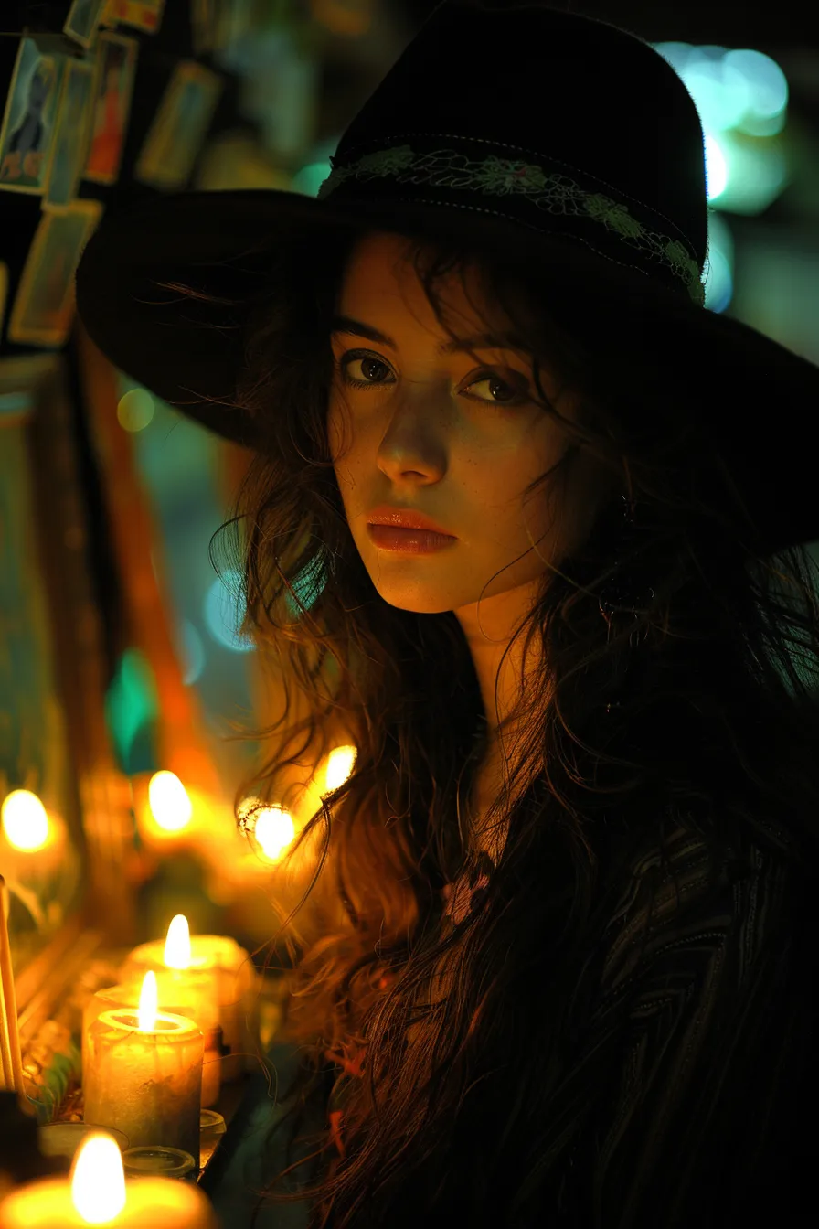 Image of a young woman with long hair and a hat against a backdrop of candles