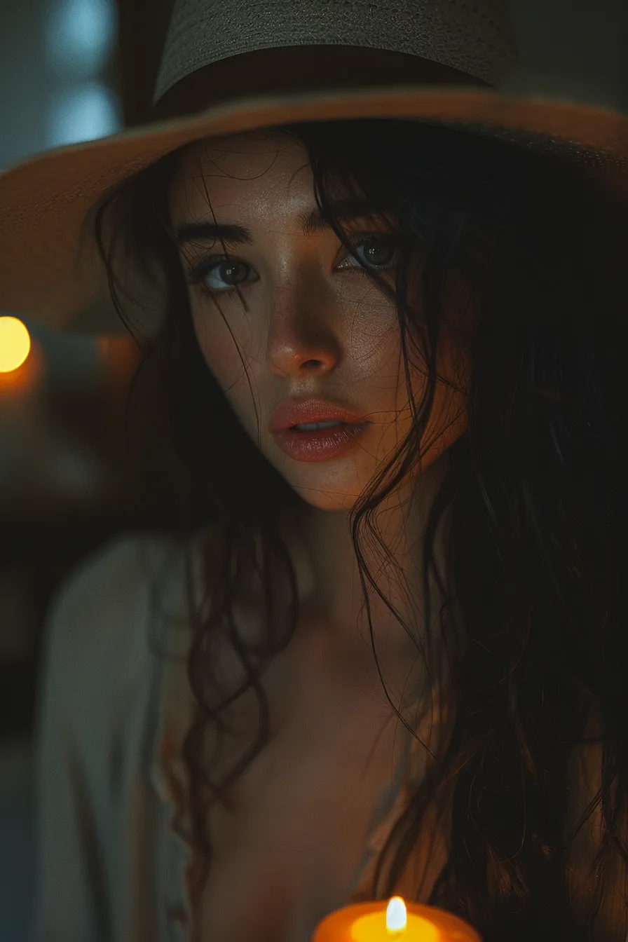 Girl with long hair in a hat, illuminated by a candle