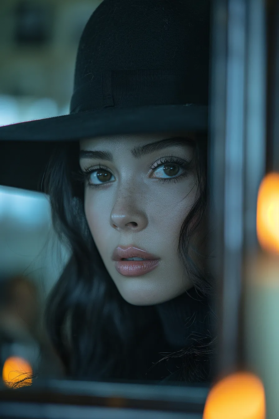 A young woman with long hair and a black hat looking out the window