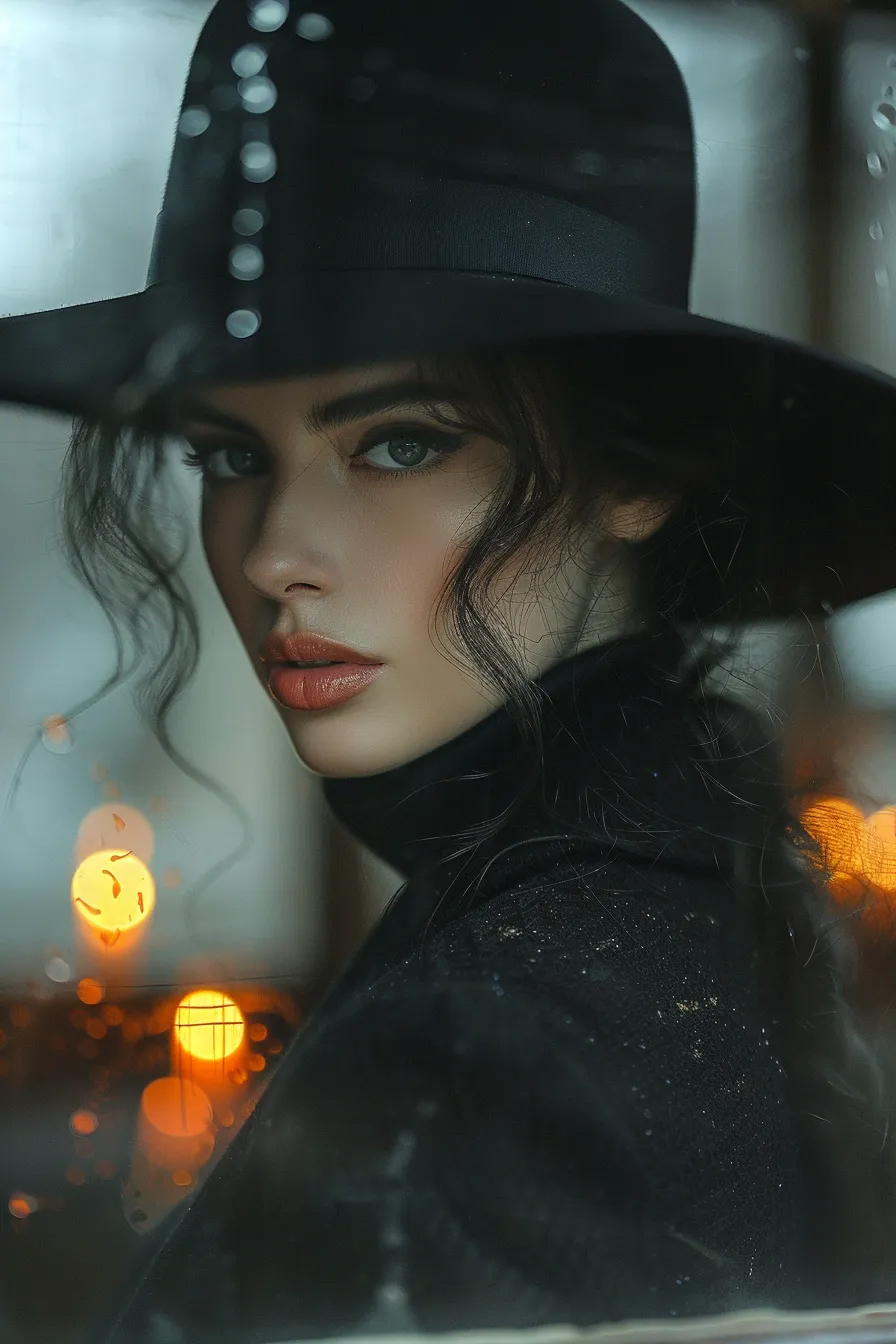 A woman with an expressive gaze and a black hat against a blurred backdrop of soft light