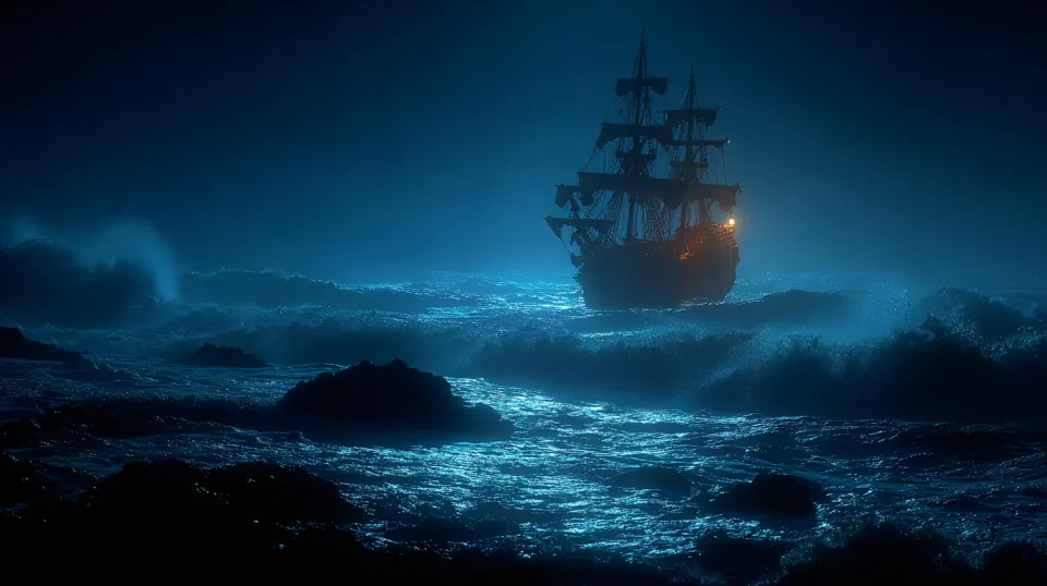 Un viejo barco lucha contra el mar tempestuoso en la oscuridad de la noche
