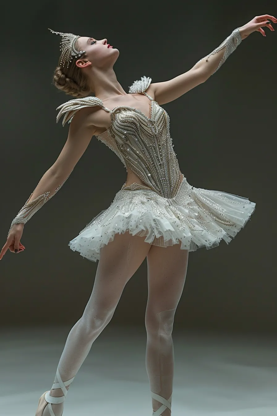 Ballerina in a Sparkling Outfit Against a Neutral Wall